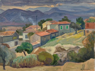 Kapandriti, Evening, Dusk, Smoke — Oil painting, Canvas, 46.00×61.00cm — Theodoros Markellos